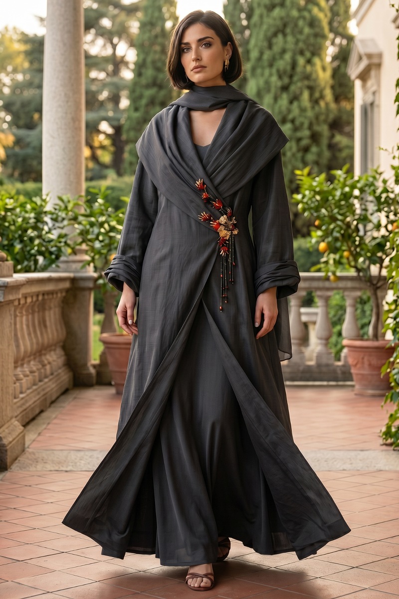 عباية تافتا بلون رمادي مع سكارف للرقبة 01092