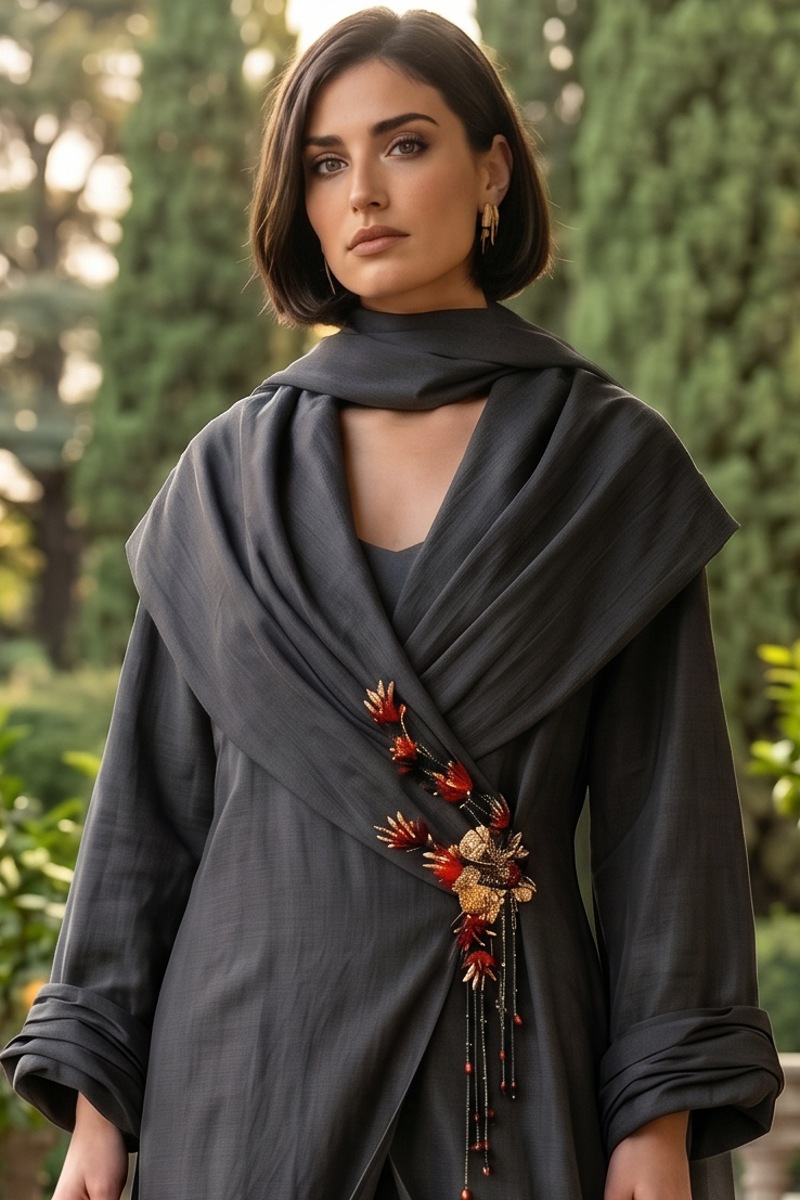 عباية تافتا بلون رمادي مع سكارف للرقبة 01092