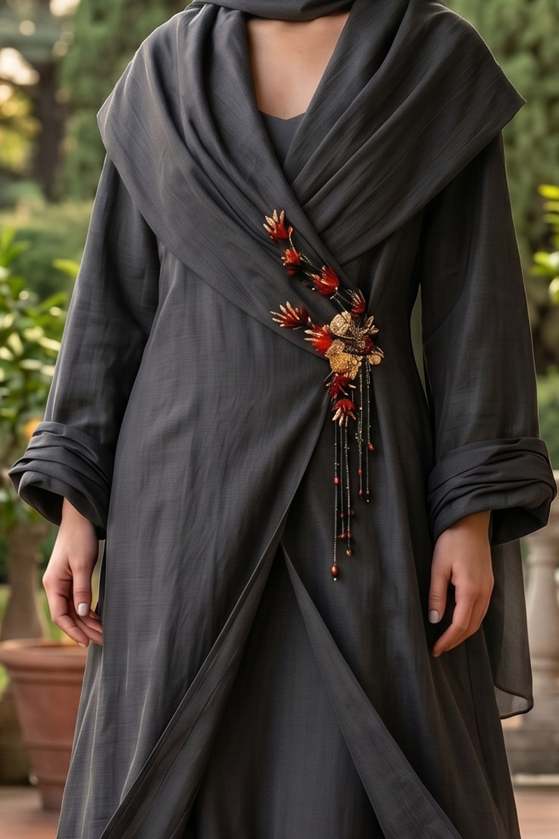 عباية تافتا بلون رمادي مع سكارف للرقبة 01092