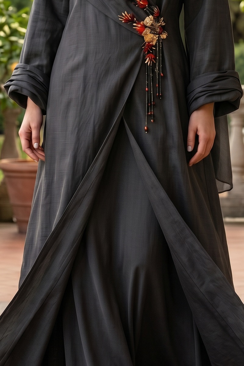 عباية تافتا بلون رمادي مع سكارف للرقبة 01092