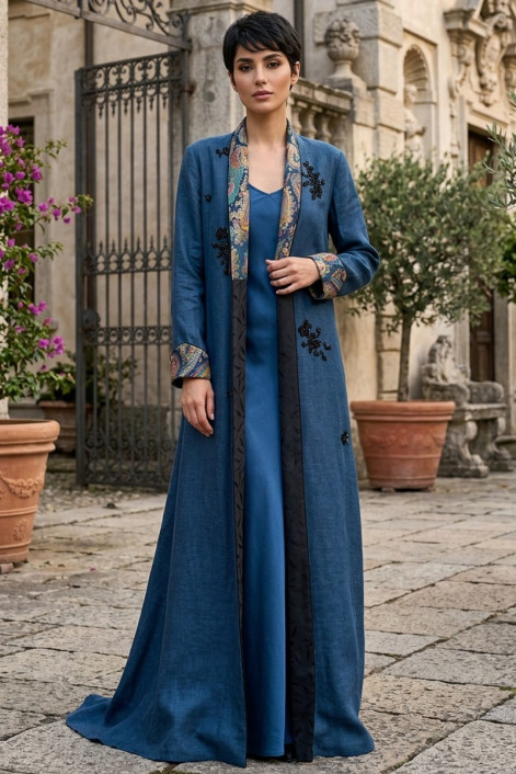 عباية من الكتان الفاخر مع حرير بيزلي على الياقة 010146