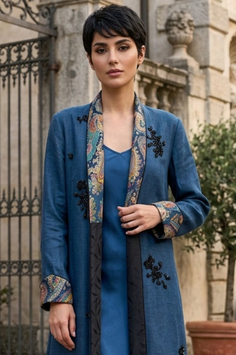 عباية من الكتان الفاخر مع حرير بيزلي على الياقة 010146