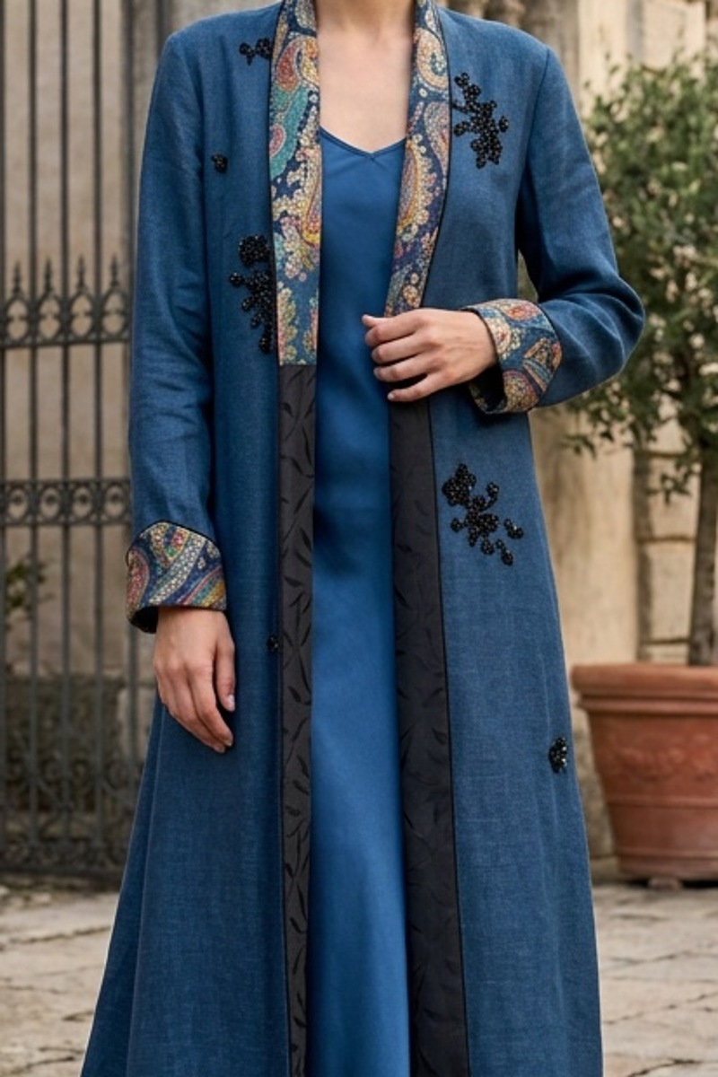 عباية من الكتان الفاخر مع حرير بيزلي على الياقة 010146