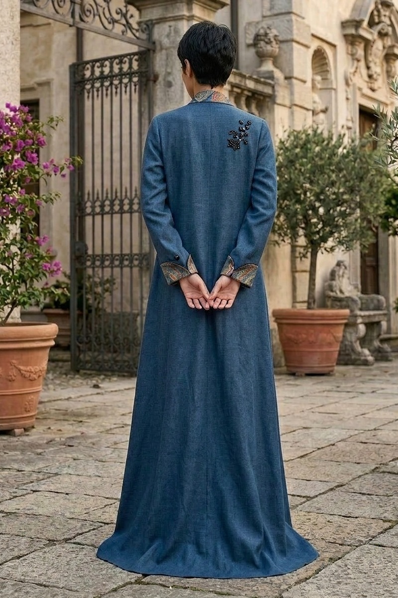 عباية من الكتان الفاخر مع حرير بيزلي على الياقة 010146