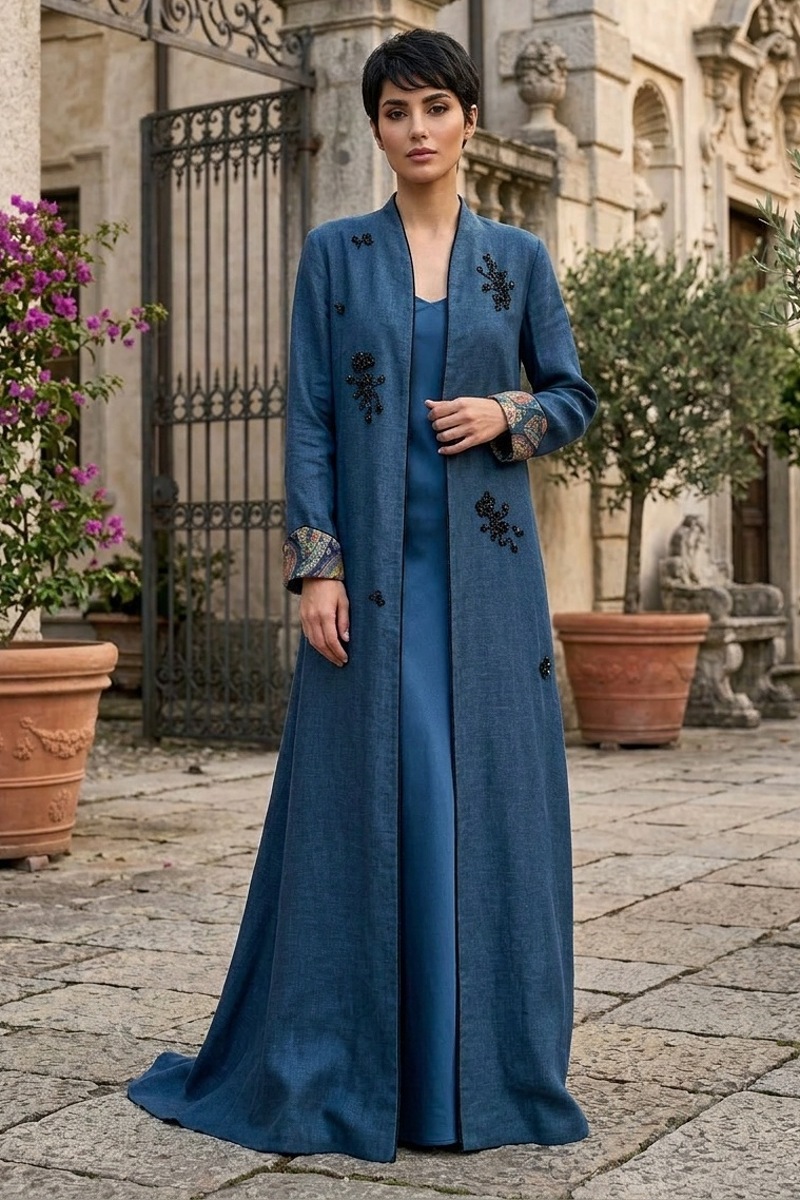 عباية من الكتان الفاخر مع حرير بيزلي على الياقة 010146