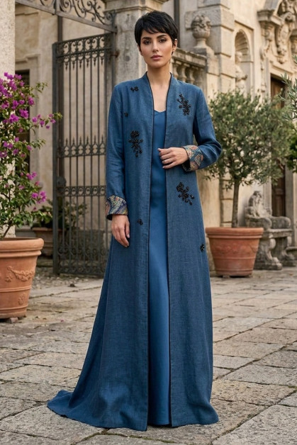 عباية من الكتان الفاخر مع حرير بيزلي على الياقة 010146