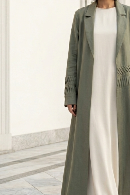 عباية لينين لون أخضر زيتوني هادئ 01075