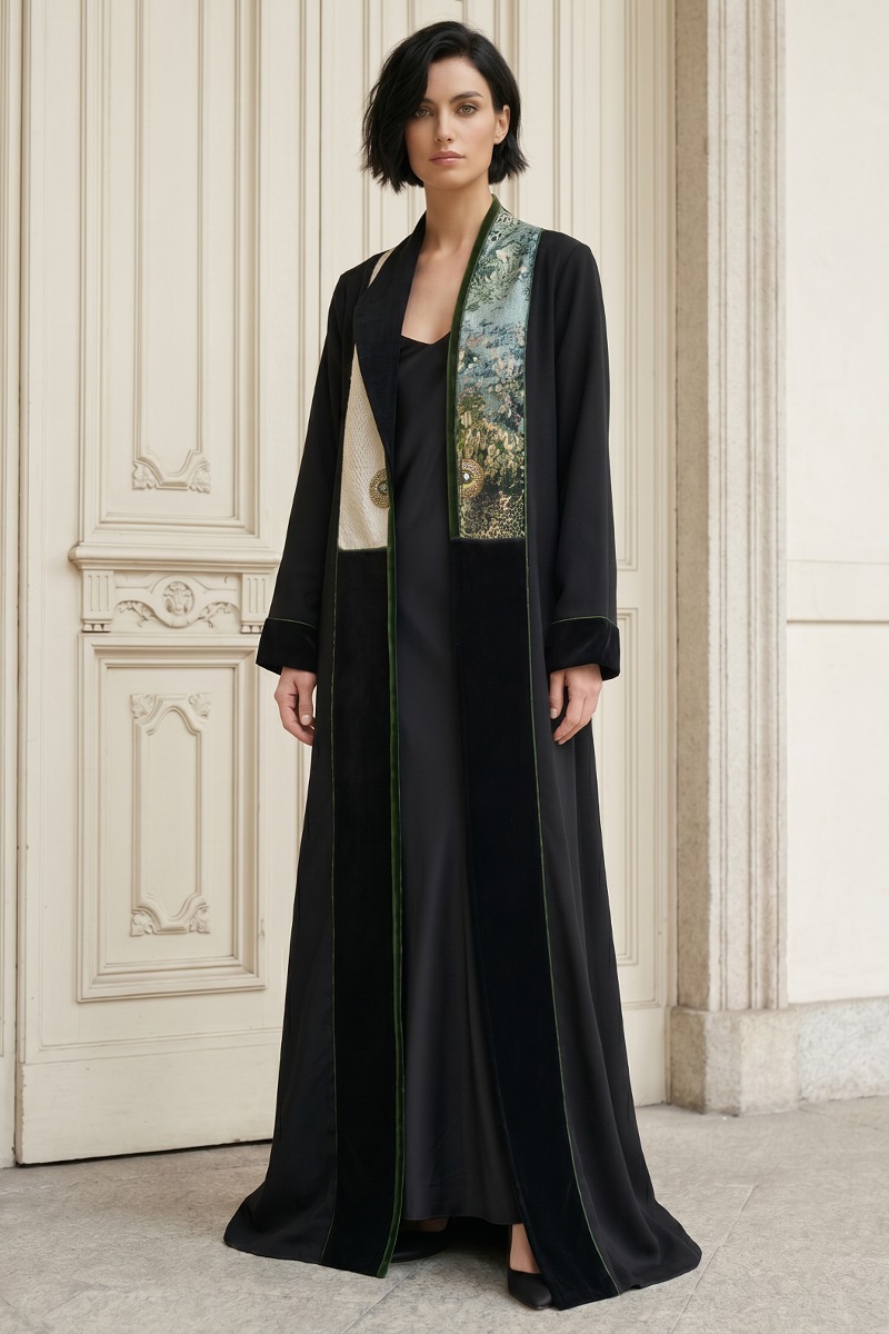 Abaya luxury black linen with jaqar 010135