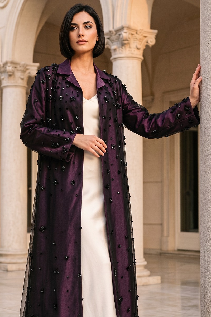 Abaya taffeta marron color with black mesh 010154