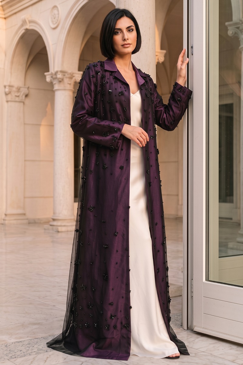 Abaya taffeta marron color with black mesh 010154