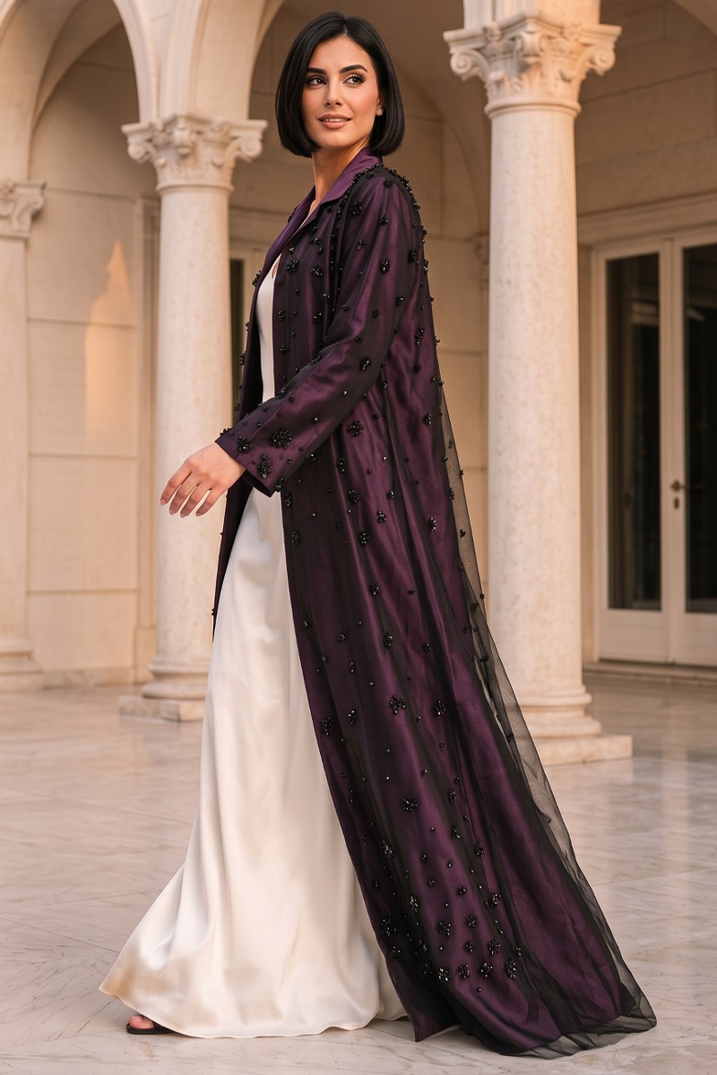 Abaya taffeta marron color with black mesh 010154