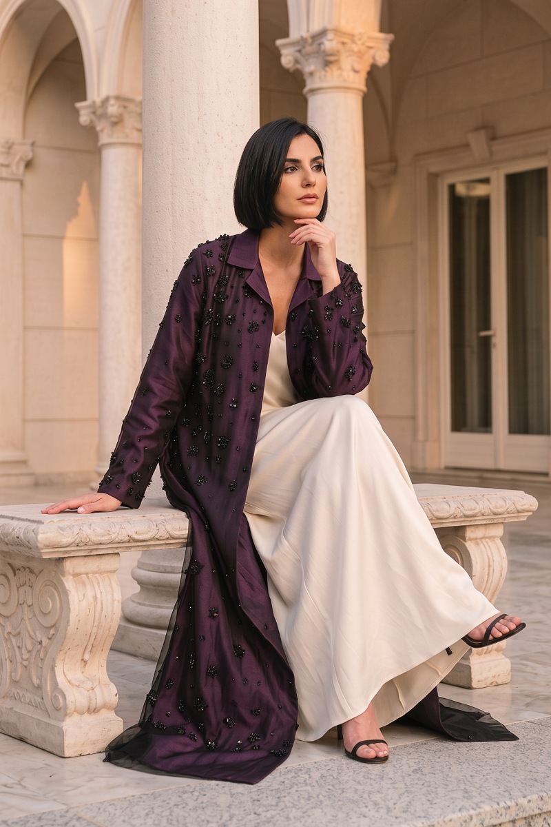 Abaya taffeta marron color with black mesh 010154
