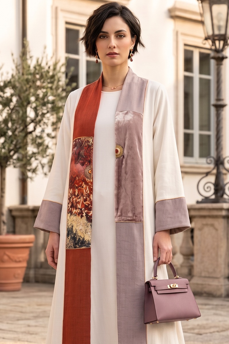 Abaya white luxury linen with jaqar 010136