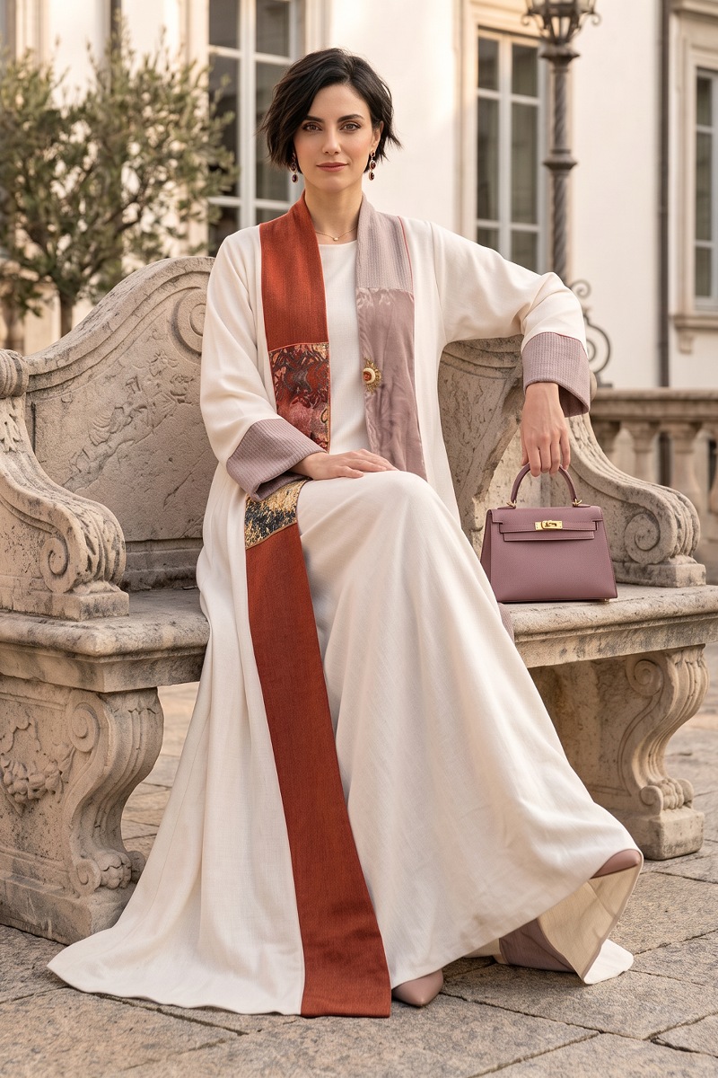 Abaya white luxury linen with jaqar 010136