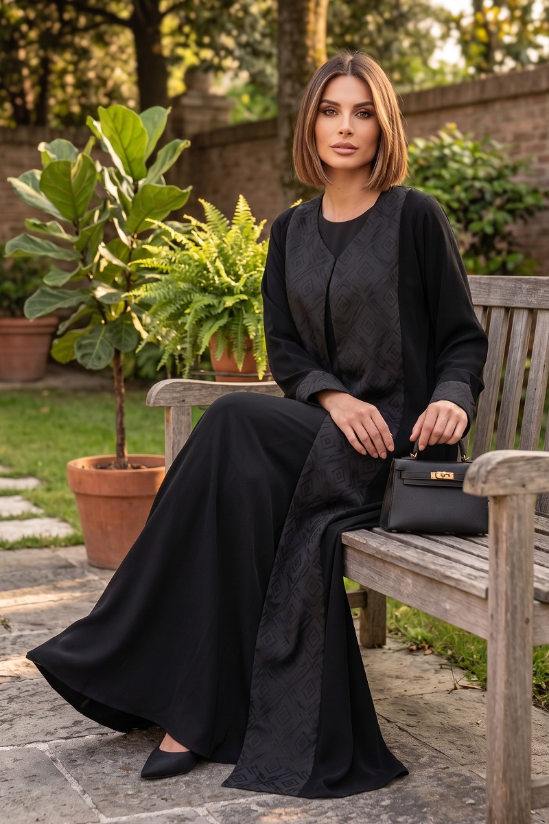 عباية كريب أسود فاخر يونيك و جاكار مطبوع موديل 098