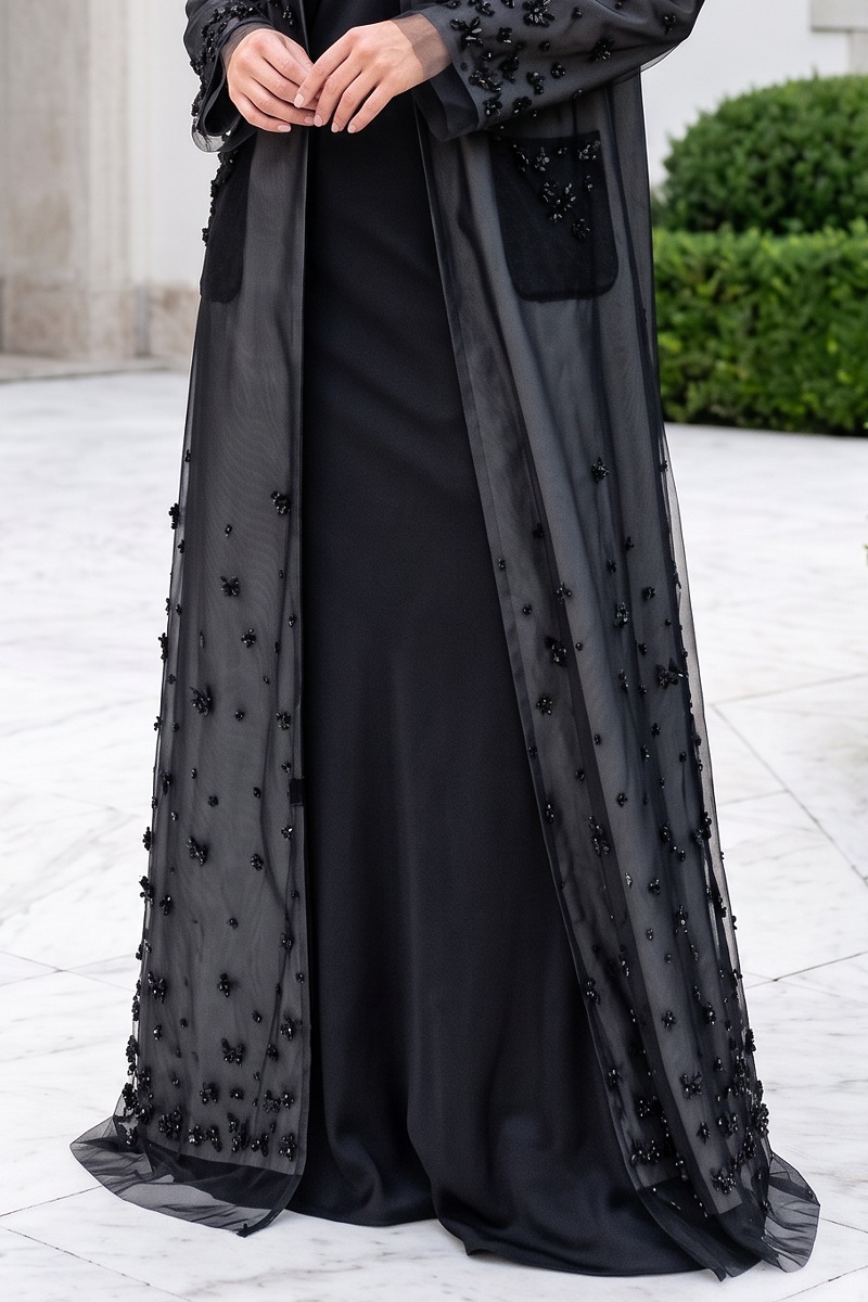  Abaya luxury black taffeta and mesh 010148