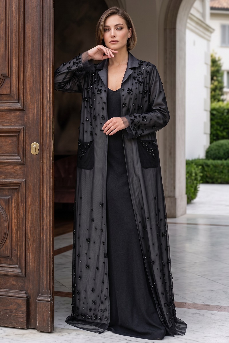  Abaya luxury black taffeta and mesh 010148
