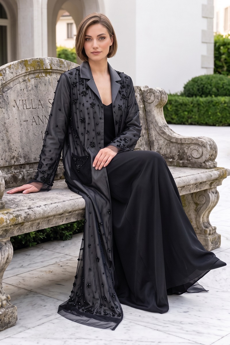  Abaya luxury black taffeta and mesh 010148