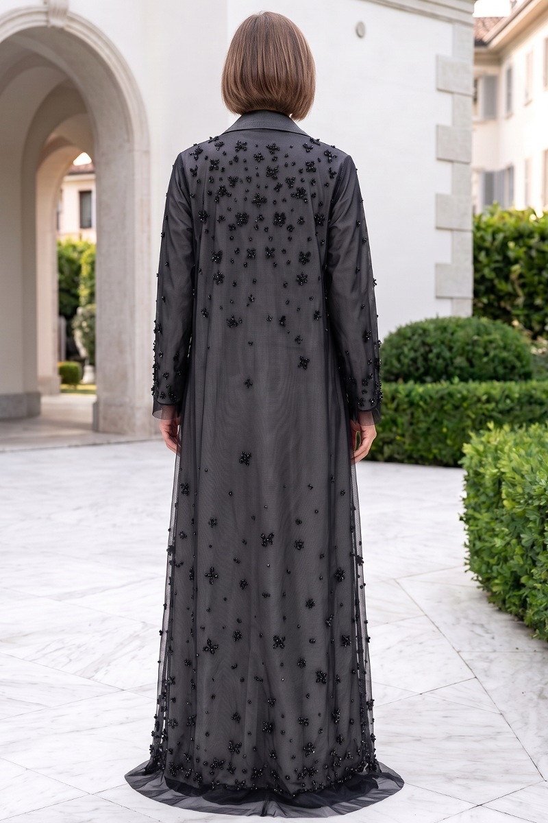  Abaya luxury black taffeta and mesh 010148