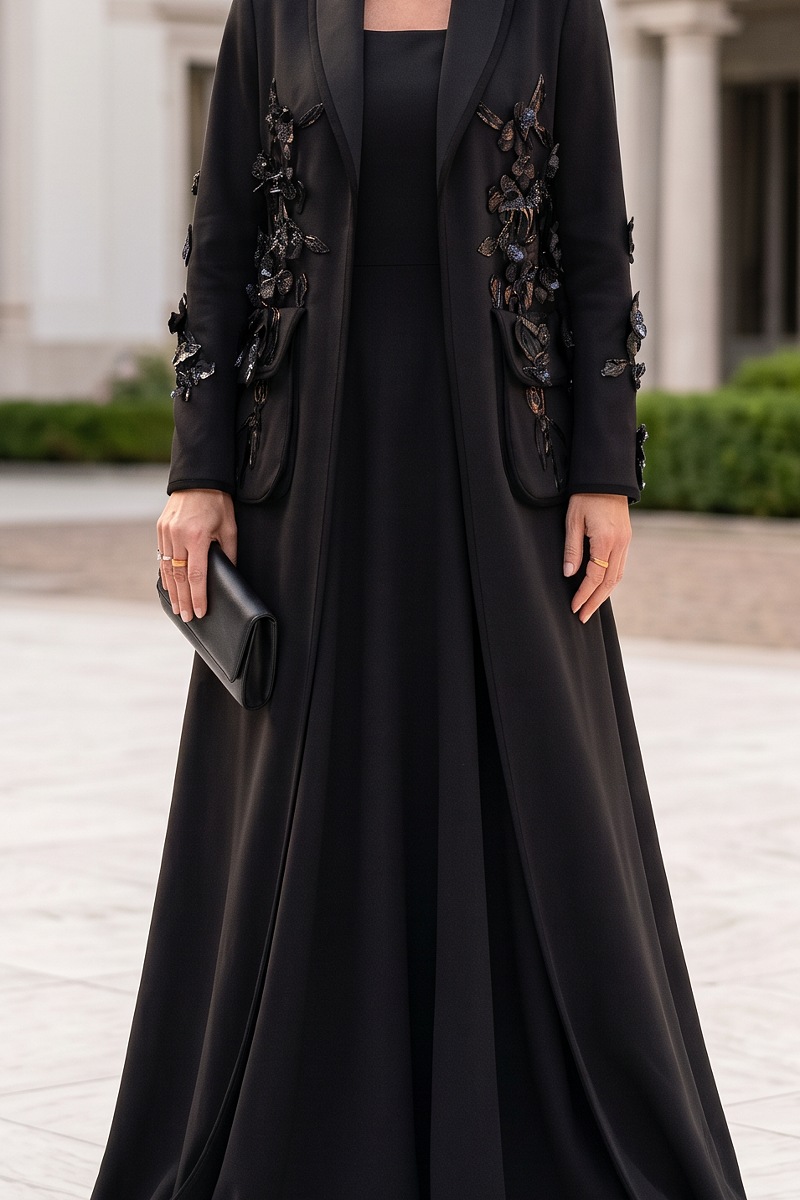 Abaya luxury matt black linen 010149