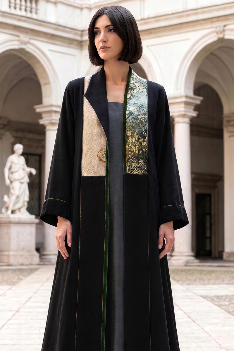 Abaya luxury black linen with jaqar 010135