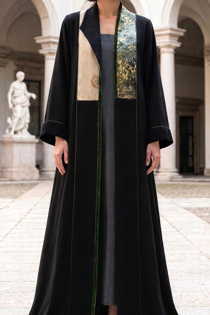 Abaya luxury black linen with jaqar 010135