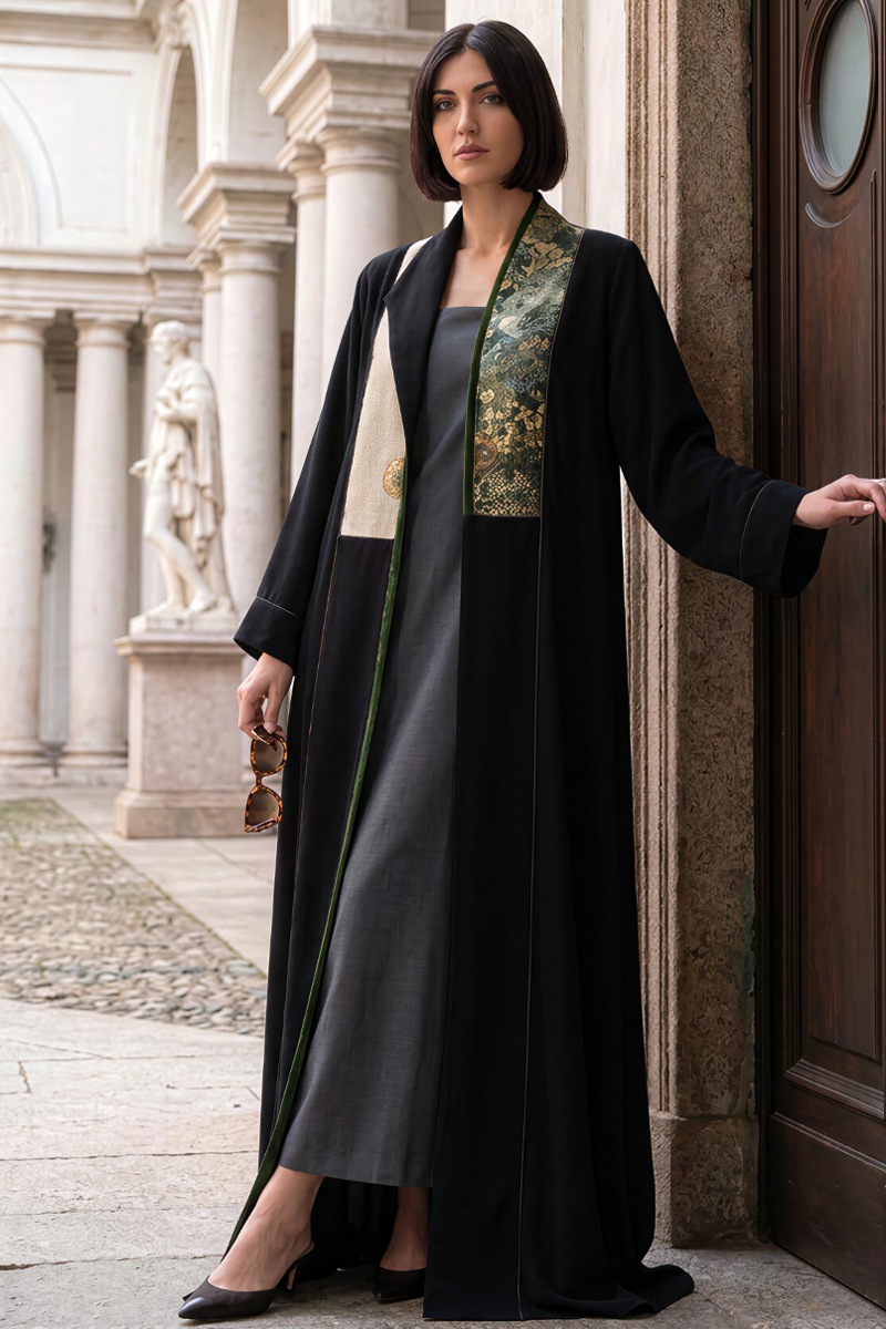 Abaya luxury black linen with jaqar 010135