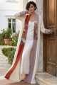 عباية كتان أبيض مائل لأوف وايت فاخر مع جاكار ومخمل خفيف 010136