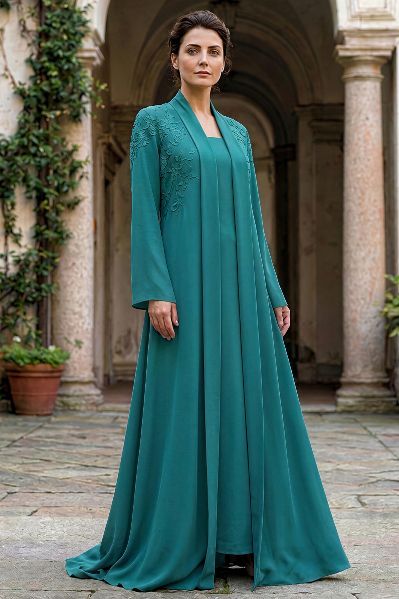 عباية كريب فاخر بتصميم انسيابي وأنيق بقصة مائلة لون أخضر تيل 010185