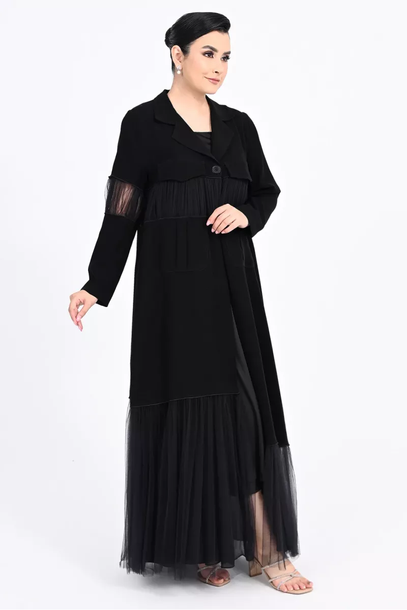 عباية كريب أسود و تافتا 01014