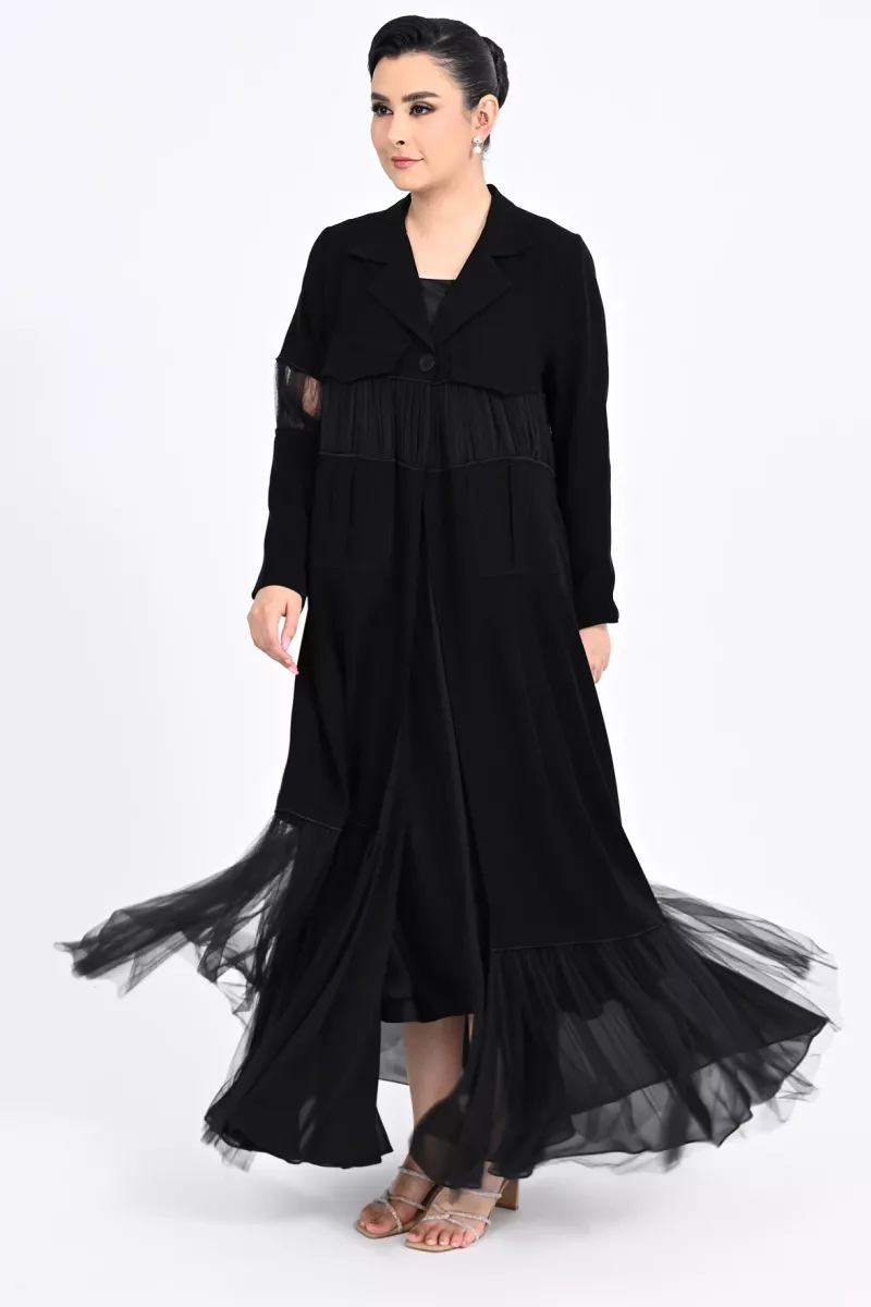 عباية كريب أسود و تافتا 01014