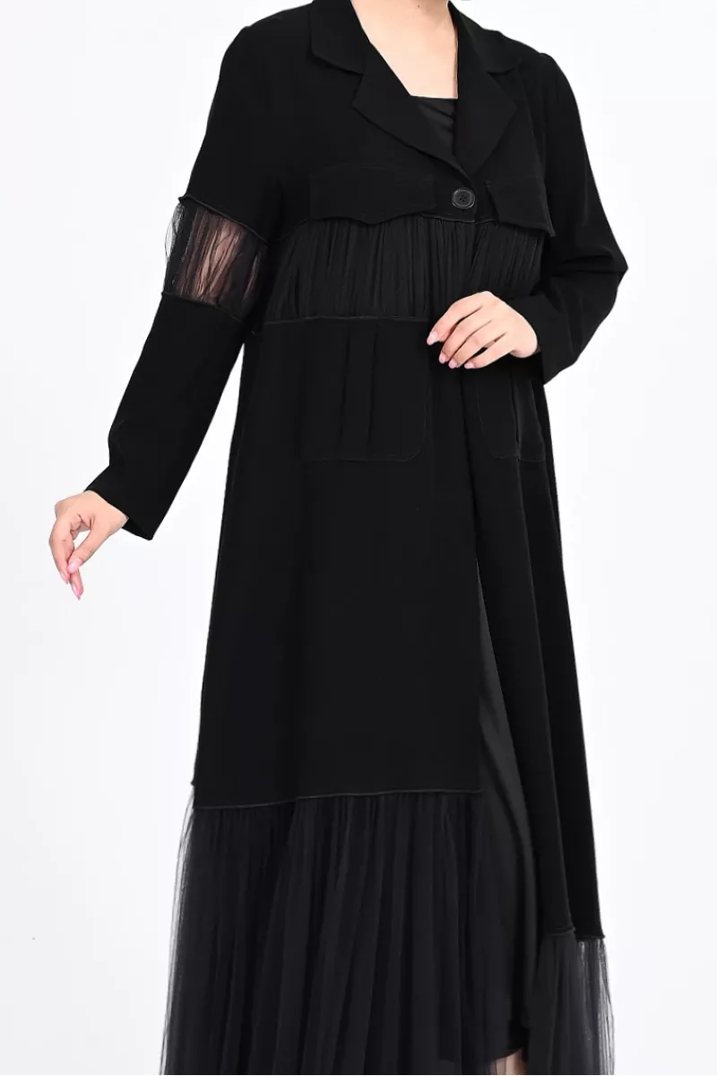 عباية كريب أسود و تافتا 01014