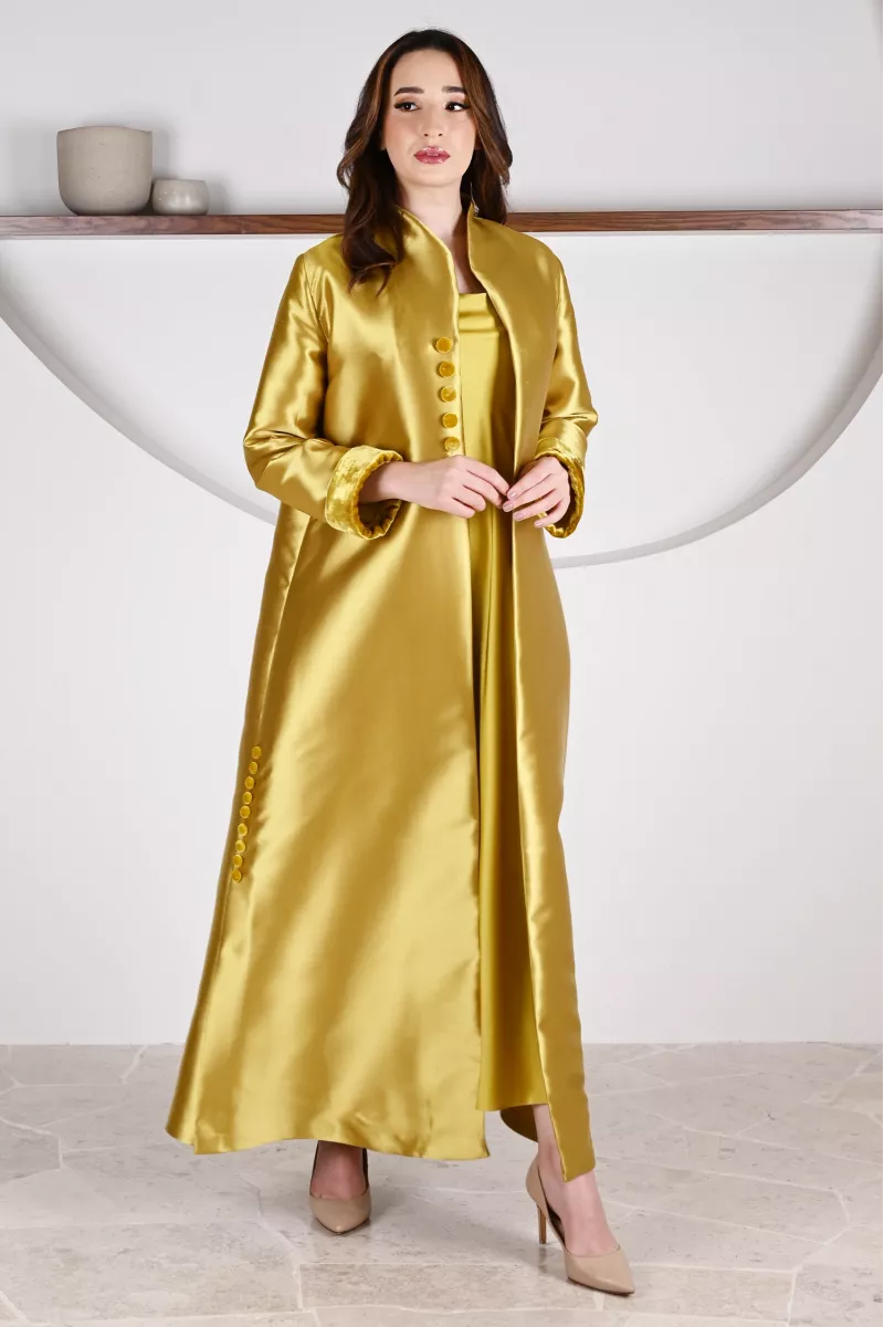 عباية 01047 قماش حريري من التفتا باللون الأصفر الخردلي عباية 01047 قماش حريري من التفتا باللون الأصفر الخردلي