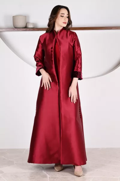 عباية 01057 فستان من الحرير التفتا باللون العنابي