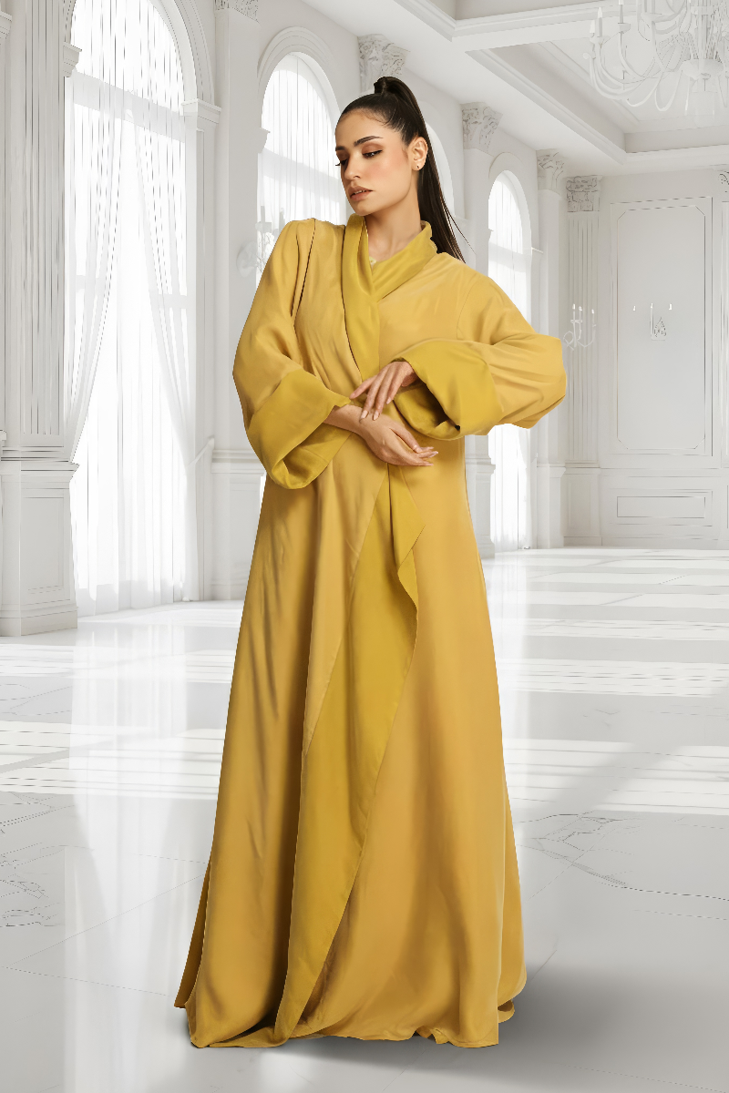 عباية دبل فيس سلك ثقيل أصفر مطفي 084 عباية دبل فيس سلك ثقيل أصفر مطفي 084