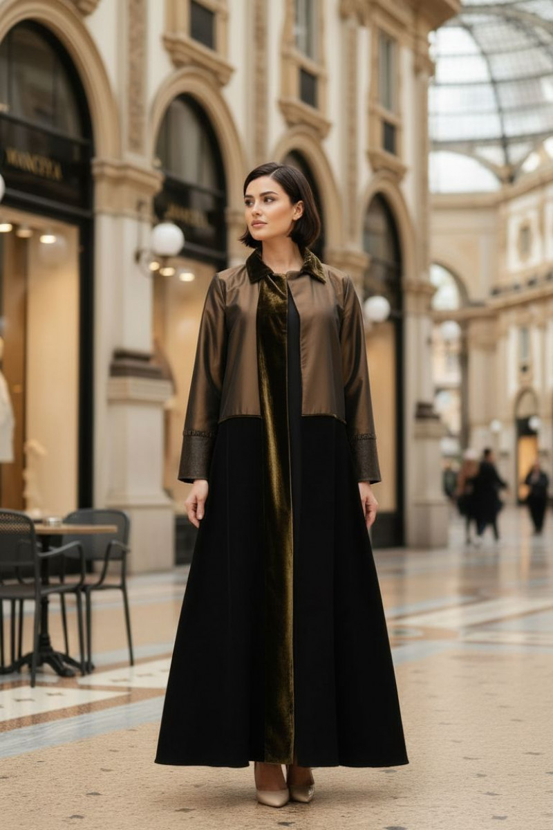 عباية 01043 تافتا بني داكن مع كريب وأساور جلد عباية 01043 تافتا بني داكن مع كريب وأساور جلد