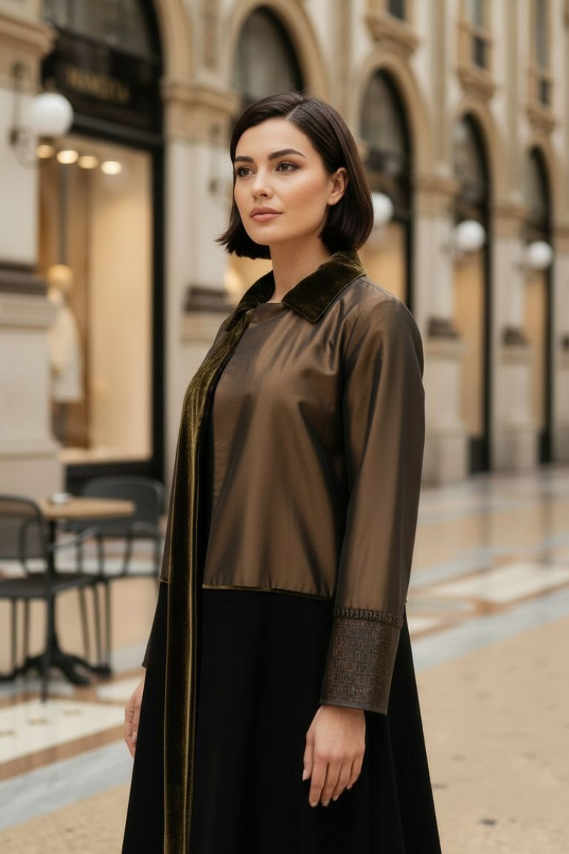 عباية 01043 تافتا بني داكن مع كريب وأساور جلد