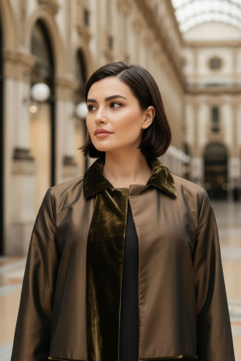 عباية 01043 تافتا بني داكن مع كريب وأساور جلد