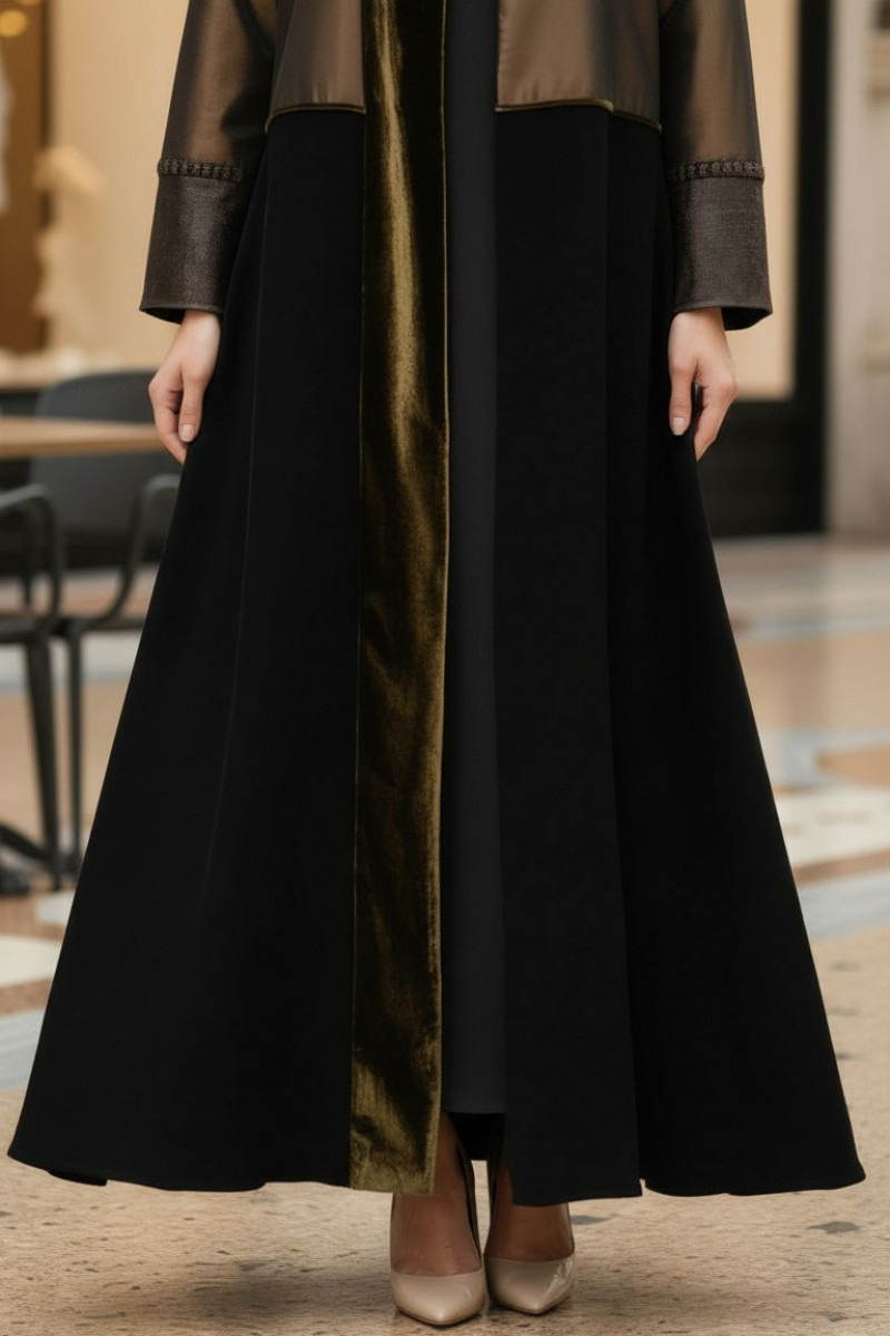 عباية 01043 تافتا بني داكن مع كريب وأساور جلد