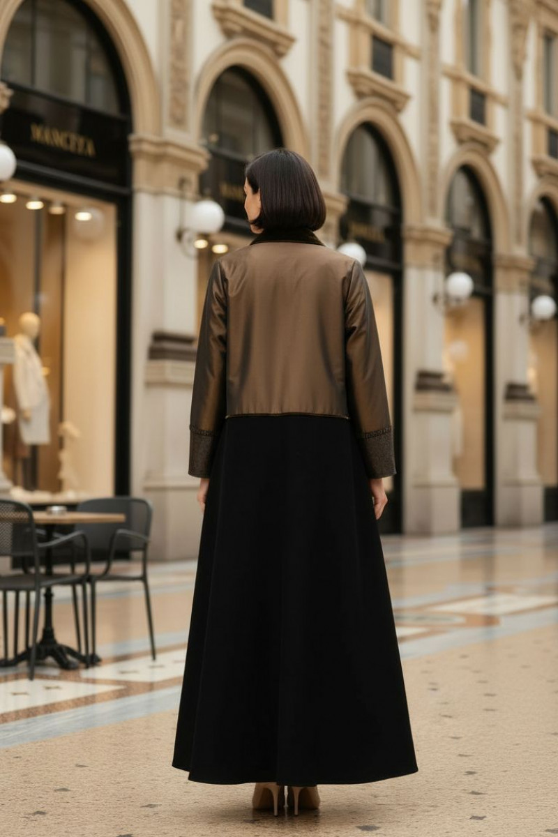 عباية 01043 تافتا بني داكن مع كريب وأساور جلد