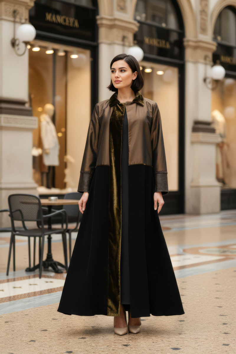 عباية 01043 تافتا بني داكن مع كريب وأساور جلد