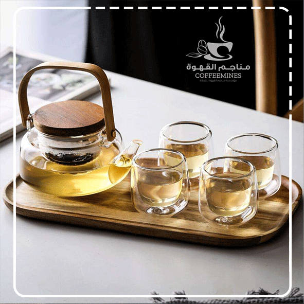 طقم إبريق شاي فاخر زجاج مزدوج غطاء خشب - MG077 طقم إبريق شاي فاخر زجاج مزدوج غطاء خشب - MG077