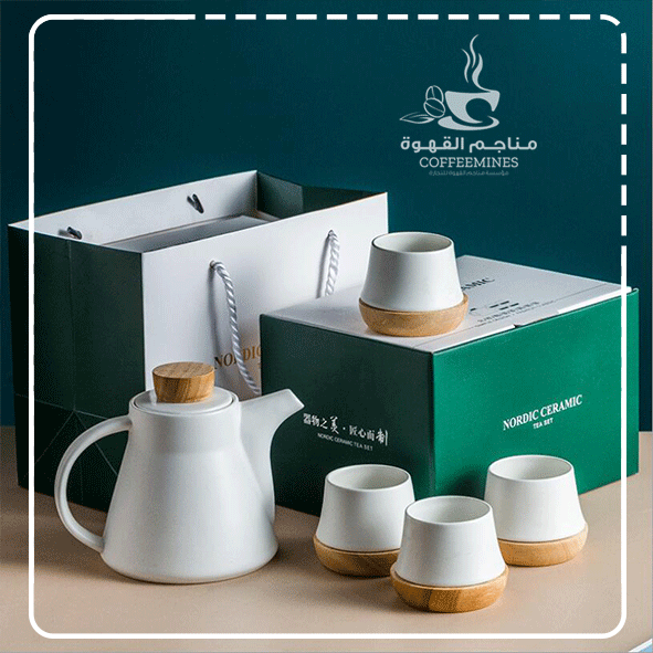 طقم إبريق شاي فاخر سراميك أبيض غطاء خشب - MG078 طقم إبريق شاي فاخر سراميك أبيض غطاء خشب - MG078