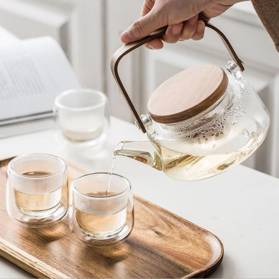طقم إبريق شاي فاخر زجاج مزدوج غطاء خشب - MG077 طقم إبريق شاي فاخر زجاج مزدوج غطاء خشب - MG077