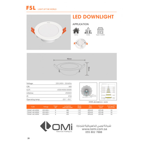 وحدة انارة خلفية بنل 70 ملم 6 وات - FSL وحدة انارة خلفية بنل 70 ملم 6 وات - FSL