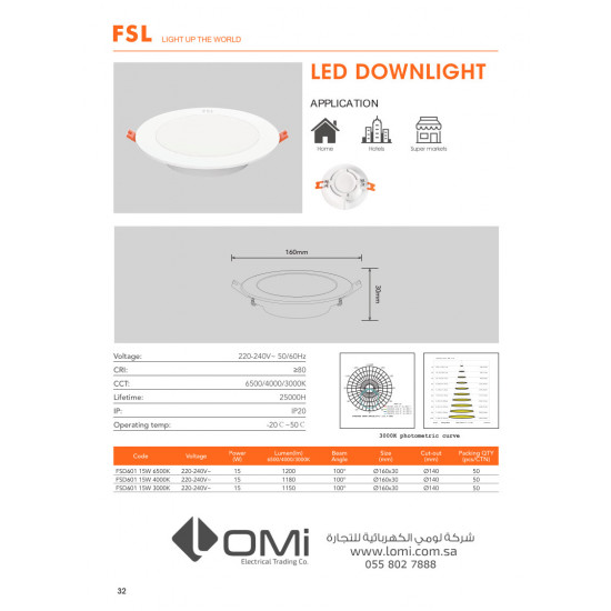 وحدة انارة خلفية بنل 140 ملم 15 وات - FSL وحدة انارة خلفية بنل 140 ملم 15 وات - FSL