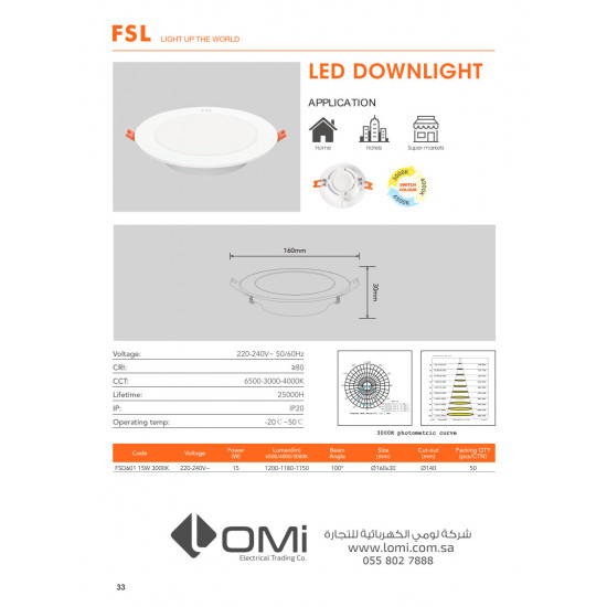 وحدة انارة خلفية بنل 140 ملم 15 وات 3 لون - FSL وحدة انارة خلفية بنل 140 ملم 15 وات 3 لون - FSL