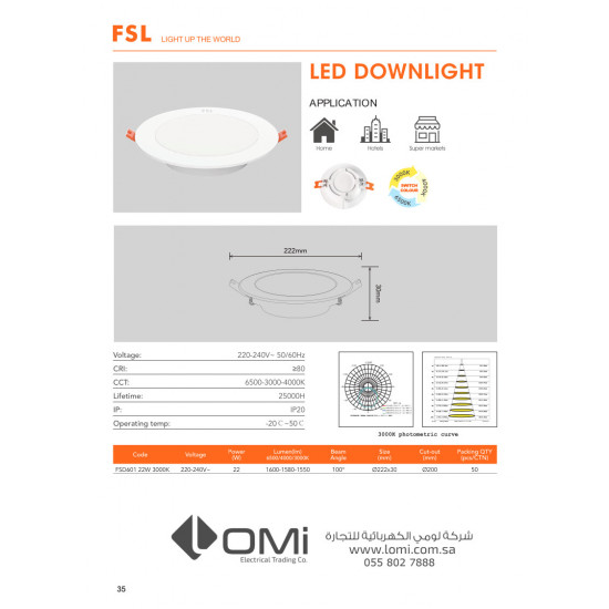 وحدة انارة خلفية بنل 200 ملم 22 وات 3 لون - FSL وحدة انارة خلفية بنل 200 ملم 22 وات 3 لون - FSL
