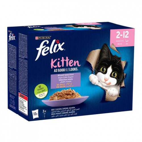 12 ظرف متنوع رطبة فيلكس للقطط الصغير دجاج بالجلي 85جرام