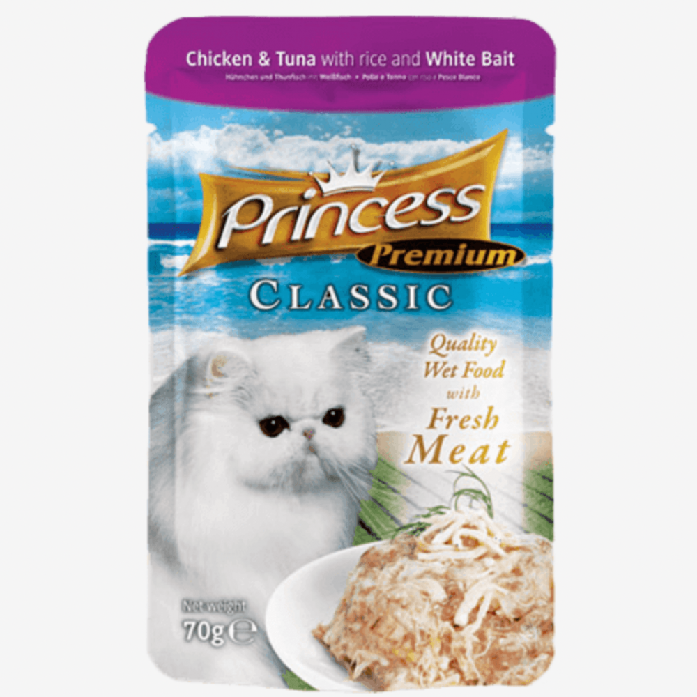 برينسس طعام قطط رطب شركة برنسيس بالدجاج والتونة مع الارز والسردين 70غ